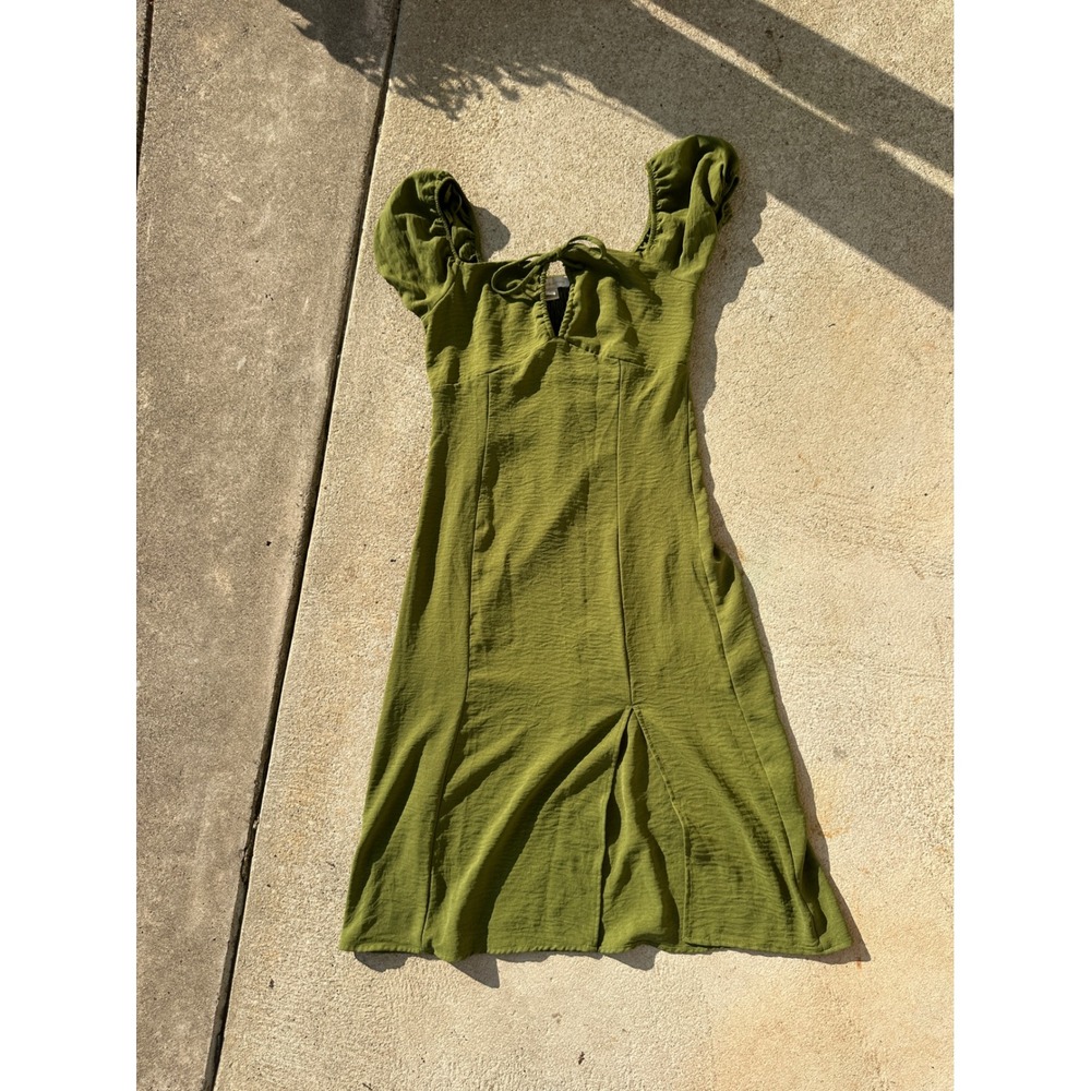 Monteau Los Angeles Olive Green Puff Sleeve Smocked Back Front Slit Dress M